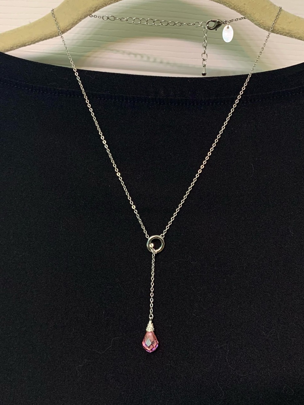 Lia Sophia Pink Crystal Drop Necklace Silver Tone Y Necklace Adjustable 15–18”
